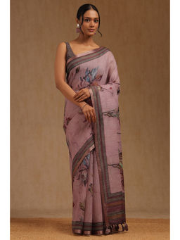 Soch - Womens Purple Linen Floral Print Saree with Unstitched Blouse