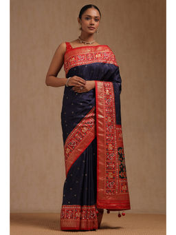 Soch - Womens Navy Blue Dola Silk Printed Saree with Unstitched Blouse