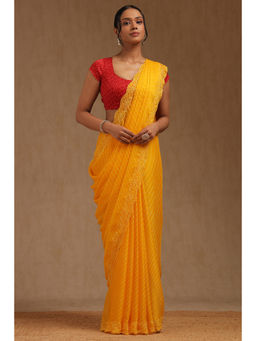 Soch - Womens Yellow Georgette Leheriya Print Saree with Unstitched Blouse