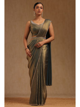 Soch - Womens Olive Fendy Organza Stone Work Saree with Unstitched Blouse