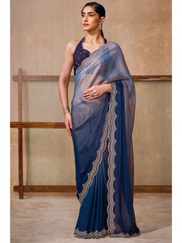 Soch - Womens Navy Blue Fendy Satin Ombre Saree with Unstitched Blouse
