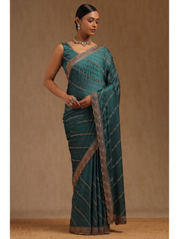 Soch - Womens Teal Fendy Chiffon Embellished Saree with Unstitched Blouse