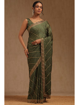Soch - Womens Olive Fendy Chiffon Embellished Saree with Unstitched Blouse