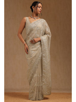 Soch - Womens Cream Organza Embroidered Saree with Unstitched Blouse