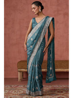 Soch - Womens Teal Fendy Georgette Embroidered Saree with Unstitched Blouse