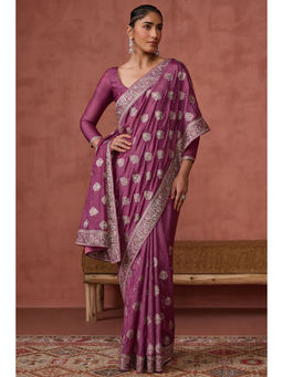 Soch - Womens Onion Pink Fendy Georgette Embroidered Saree with Unstitched Blouse
