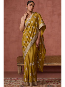 Soch - Womens Mustard Fendy Georgette Embroidered Saree with Unstitched Blouse