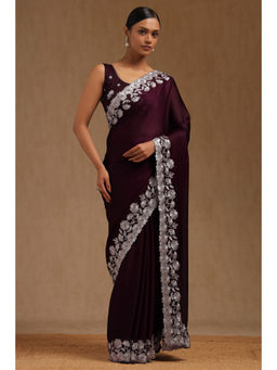 Soch - Womens Wine Fendy Chiffon Embroidered Saree with Unstitched Blouse