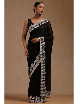 Soch - Womens Black Fendy Chiffon Embroidered Saree with Unstitched Blouse