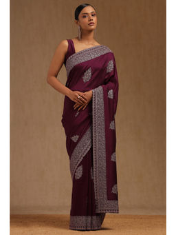 Soch - Womens Magenta Tussar Embroidered Saree with Unstitched Blouse