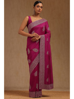 Soch - Womens Pink Tussar Embroidered Saree with Unstitched Blouse