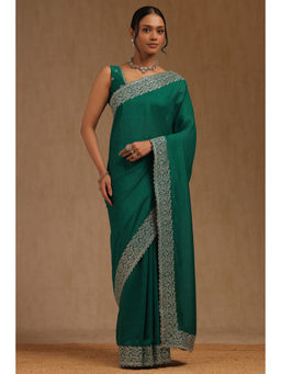 Soch - Womens Green Tussar Embellished Saree with Unstitched Blouse