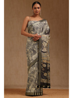 Soch - Womens Beige Tussar Kalamkari Saree with Unstitched Blouse