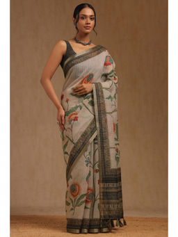 Soch - Womens Grey Tissue Floral Print Saree with Unstitched Blouse