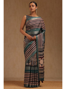 Soch - Womens Navy Blue Crepe Printed Saree with Unstitched Blouse
