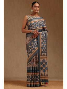 Soch - Womens Beige Crepe Geometric Print Saree with Unstitched Blouse