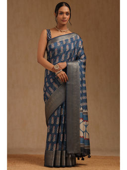 Soch - Womens Blue Tussar Floral Print Saree with Unstitched Blouse