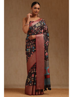 Soch - Womens Black Tussar Floral Print Saree with Unstitched Blouse