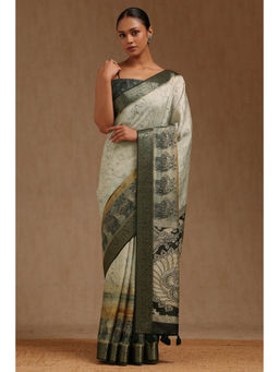 Soch - Womens Beige Tussar Print Saree with Unstitched Blouse