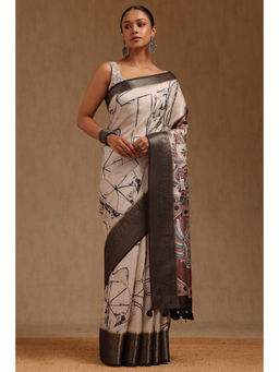 Soch - Womens Cream Tussar Kalamkari Saree with Unstitched Blouse