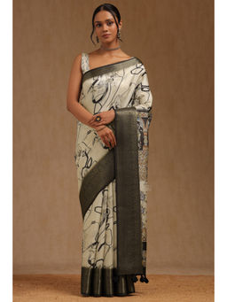 Soch - Womens Cream Tussar Print Saree with Unstitched Blouse