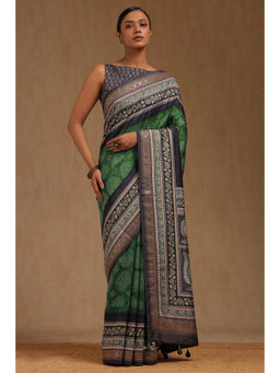 Soch - Womens Green Dola Silk Bandhani Print Saree with Unstitched Blouse