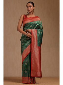Soch - Womens Green Dola Silk Zari Woven Saree with Unstitched Blouse