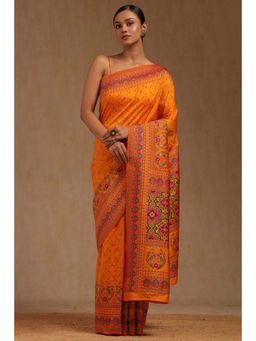 Soch - Womens Orange Dola Silk Patola Print Saree with Unstitched Blouse