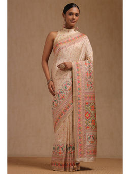 Soch - Womens Cream Dola Silk Patola Print Saree with Unstitched Blouse