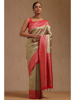Soch - Womens Beige Dola Silk Woven Saree with Unstitched Blouse