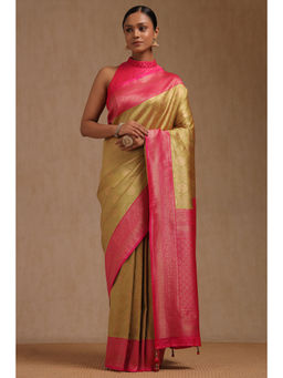 Soch - Womens Light Olive Dola Silk Woven Saree with Unstitched Blouse
