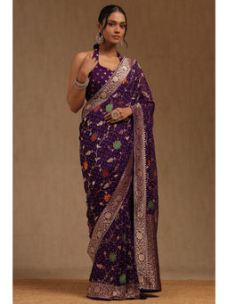 Soch - Womens Purple Georgette Floral Woven Saree with Unstitched Blouse