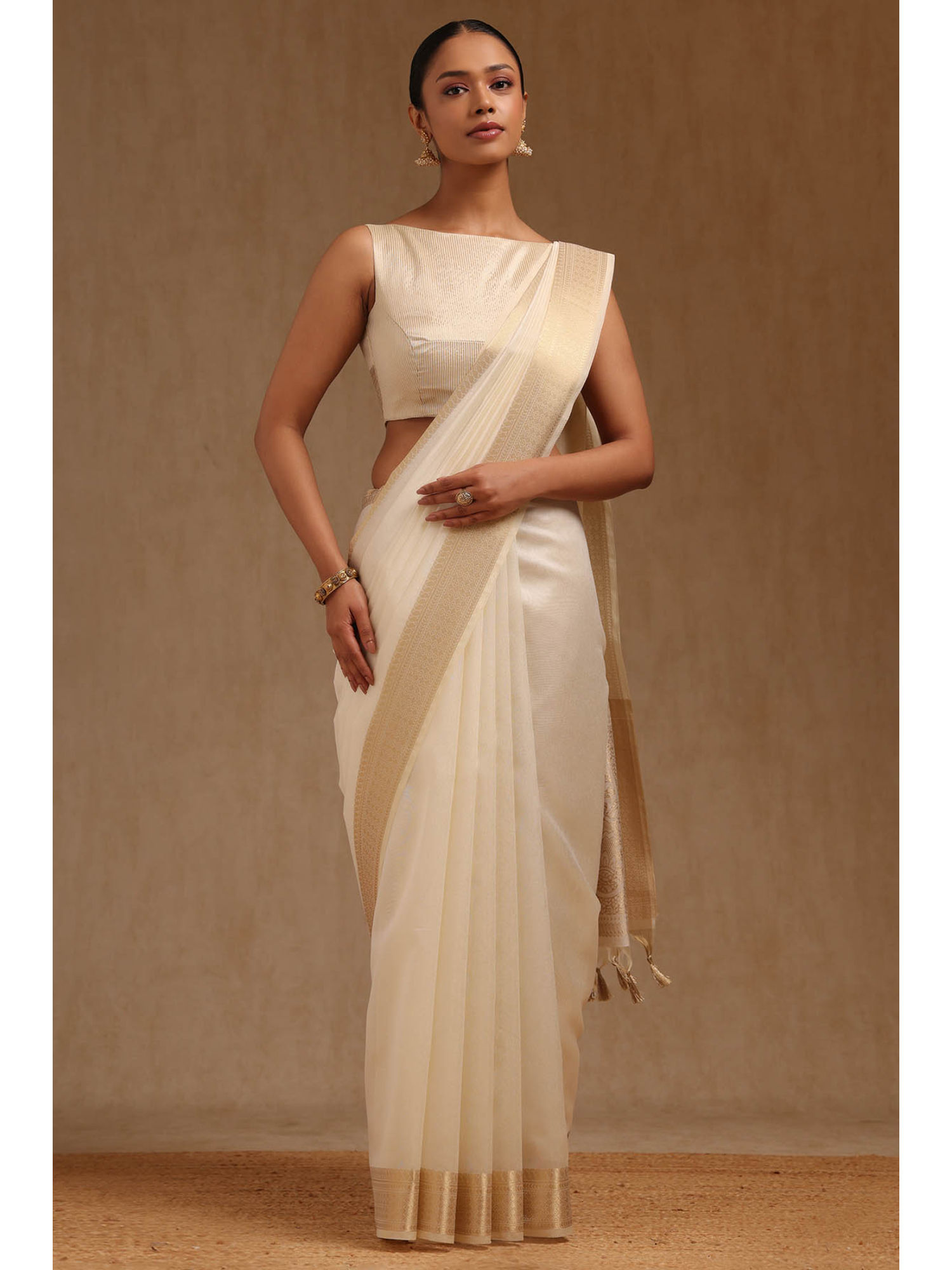 soch Womens Cream Art Silk Woven Saree with Unstitched Blouse-picture-12