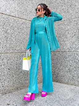 Uptownie - Riya Jain's On The Go Pleated Co-Ord Set (Teal XS