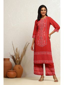 Biba - Women Crepe Geometric Red Kurta with Palazzo (Set of 2)