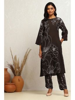 Biba - Women Rayon Floral Black Kurta with Pant (Set of 2)