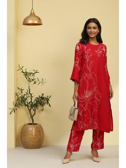 Biba - Women Rayon Floral Red Kurta with Pant (Set of 2)