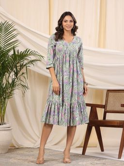 Baisacrafts - Women Cotton Floral Green Midi Dress