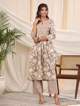 Baisacrafts - Women Cotton Floral Beige Kurta with Pant (Set of 2)