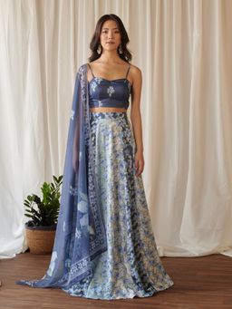 Pasha India - Women Blended Fabric Floral Blue Lehenga with Choli and Dupatta (Set of 3)