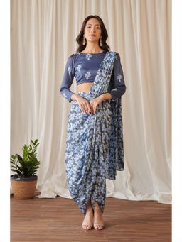 Pasha India - Women Floral Blue Pre-Draped Saree with Stitched Blouse