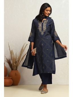 Biba - Women Modal Fabric Embroidered Navy Blue Kurta with Palazzo and Dupatta (Set of 3)