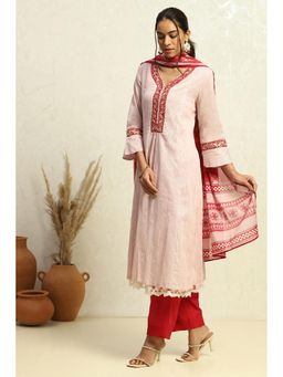 Biba - Women Cotton Stripes Red Kurta with Salwar and Dupatta (Set of 3)