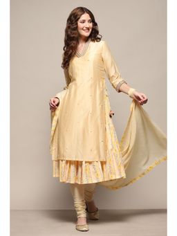 Biba - Women Cotton Beige Anarkali Kurta with Inner with Churidar and Dupatta (Set of 4)