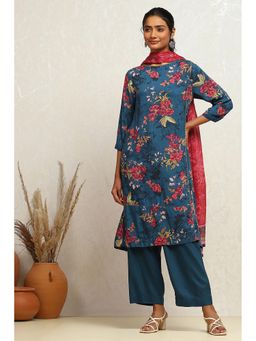 Biba - Women Rayon Floral Blue Kurta with Palazzo and Dupatta (Set of 3)