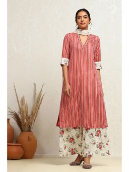 Biba - Women Cotton Stripes Red Kurta with Palazzo and Dupatta (Set of 3)