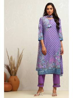 Biba - Women Cotton Floral Lavender Kurta with Pant and Dupatta (Set of 3)