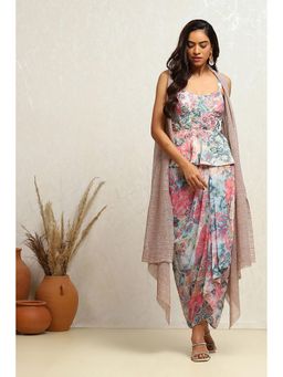 Biba - Women Georgette Floral Multi-Color Top with Skirt and Cape (Set of 3)