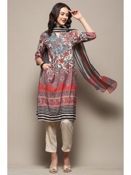 Biba - Women Crepe Floral Beige Kurta with Pant and Dupatta (Set of 3)