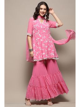 Biba - Women Polyester Embroidered Pink Kurta with Sharara and Dupatta (Set of 3)